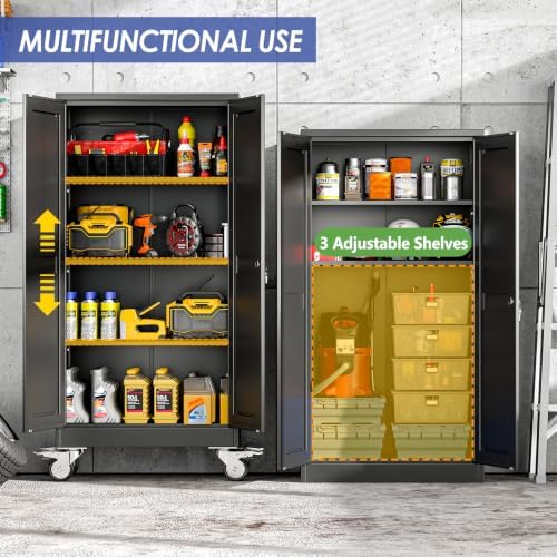 61" Metal Garage Storage Cabinet with Wheels and Locking Doors and Tall Rolling Steel Tool Cabinet with 3 Adjustable Shelves for Garage,Home,Office,Shop (Black, 61''H x 28''W x14''D) - Image 5