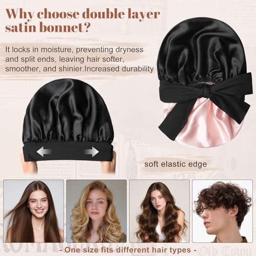 CHLINS Double Layer Satin Bonnet for Sleeping, Hair Bonnet for Curly Hair - Image 3