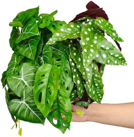 5 Pcs Reptile Plants & Habitat Decor Kit - 3 Artificial Plants & Large 5ft Jungle Vine Branch, Terrarium Tank Decor & Climbing Accessories for Gecko (Polka Dot Begonia, Monstera Adansonii, Alocasia) - Image 3