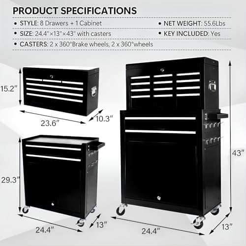 Dawmilon 8-Drawer Rolling Tool Chest, Detachable 2-in-1 Tool Box with Wheel - Image 3
