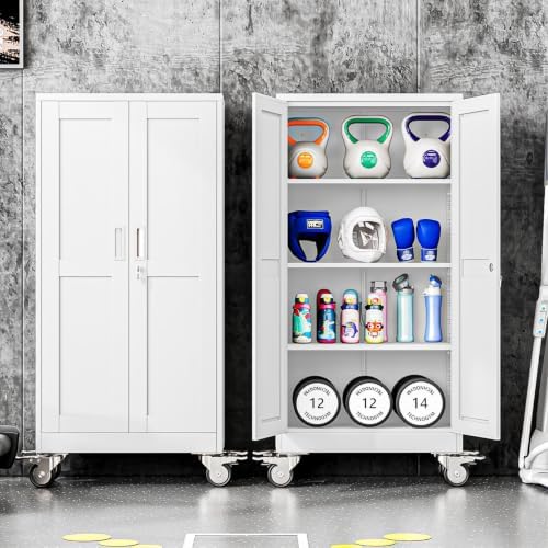 61" Metal Garage Storage Cabinet with Wheels and Locking Doors and Tall Rolling Steel Tool Cabinet with 3 Adjustable Shelves for Garage,Home,Office,Shop (White, 61''H x 28''W x14''D) - Image 5