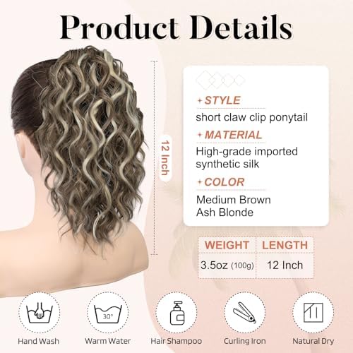 Flufymooz Ponytail Extension, 12" Short Claw Ponytail Extension Wavy Curly Jaw Clip in Pony tails Hair Extension Natural Synthetic Hairpiece for Women (Medium Brown Ash Blonde) - Image 3