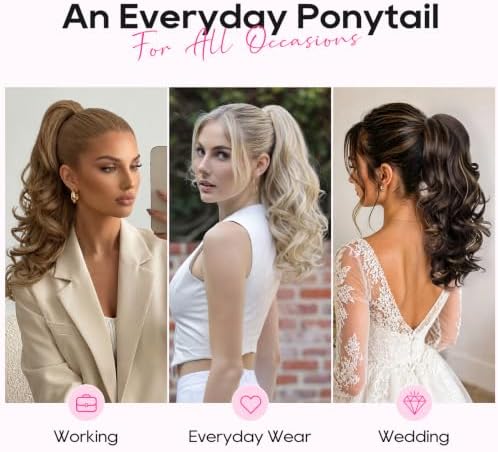 REECHO Ponytail Extension, 18" Clip in Ponytail Hair Extensions for Women, Short Wavy Synthetic Pony Tail Hairpiece for Daily Wear-Medium Blonde with Pale Highlights - Image 5