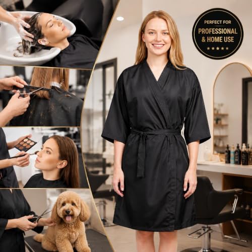 WUWEOT 4 Pack Salon Client Gown Robes Cape, Waterproof Hair Dye Cape, 43 Inch Long Black Soft Kimono Style Barber Smock for Hair Stylist with Adjustable Tie to Hair Cutting, Hair Coloring - Image 6