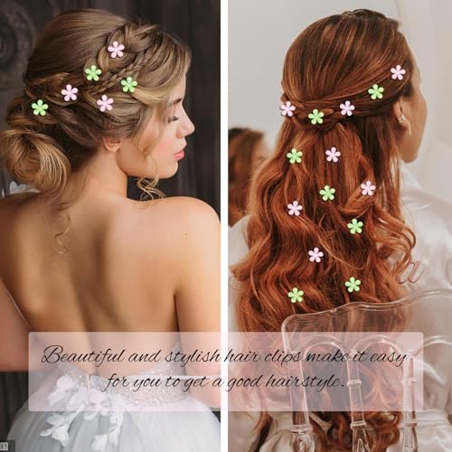 YISSIOBN Light Pink & Bright Green Mini Flower Hair Clips for Women & Girls, 20Pcs Dual-Color Floral Hair Barrettes with Crystal, Versatile Hair Accessories for Wedding Prom Party Daily Hairstyling - Image 2