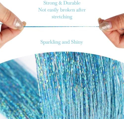 Hair Tinsel 8 Packs 1600 Strands 50 Inch Tinsel Hair Extensions Sky Blue - Image 3