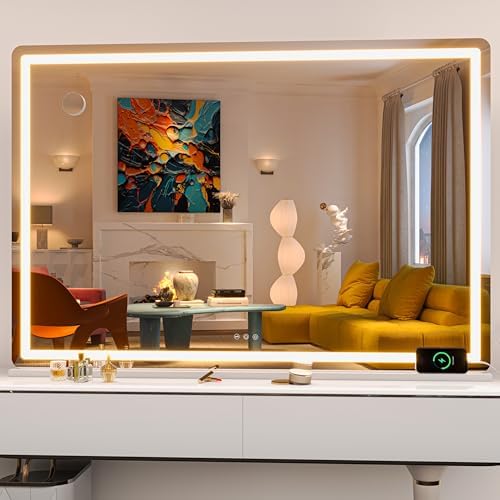 Hasipu Vanity Mirror with Lights, 55.1" x 36" LED Makeup Mirror, Lighted Makeup Mirror with Dimmable 3 Modes, Touch Screen Control Vanity Mirror Round White by Whatssuitableisthebest
