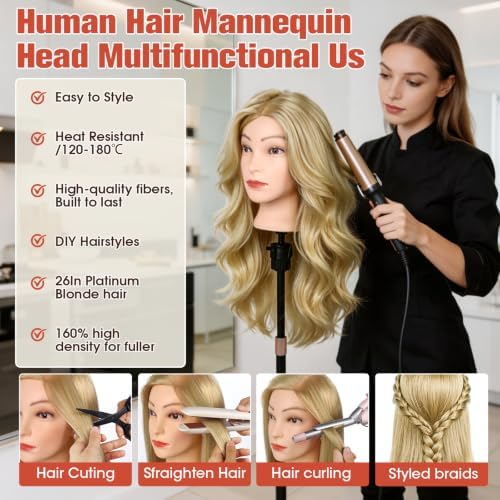TopDirect 80% Mannequin Head Human Hair,26''Sandy Blonde Real Hair Mannequin Head,Cosmetology Manikin Head Doll Hair Styling Hairdressing Practice Training Wig Head with Clamp Holder and Tools - Image 2