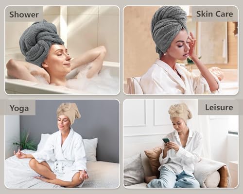 Hair Towel Wrap for Women 2 Pack, Anti-Frizz Microfiber Hair Plopping Towel Super Absorbent Quick Dry Turbans for Curly Wet Hair Grey Khaki - Image 6