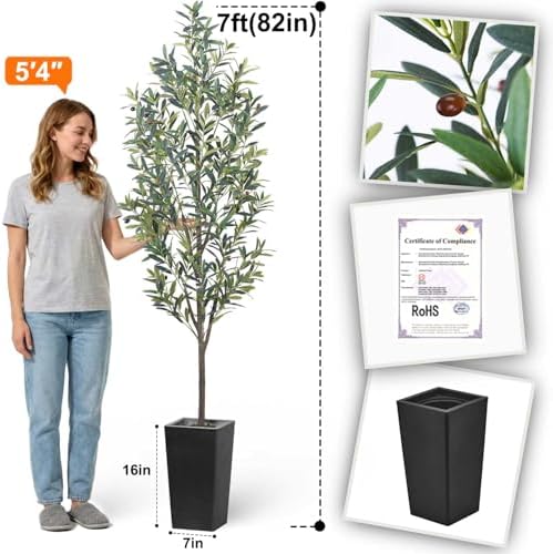 Aveyas 7ft Artificial Olive Tree for Home Decor, 7 ft Large Faux Plant Fake Skinny Silk Trees with Pot for Indoor Outdoor House Living Room Office (7 Feet Tall Including Raised Pot) - Image 2