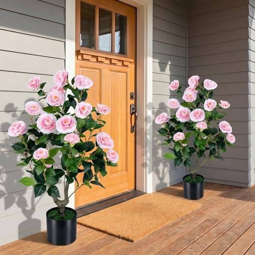 Goplus 35.5’’ Artificial Camellia Tree, Flower Plants Artificial Tree - Image 2