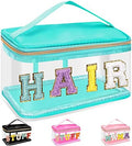 Chenille Letter Clear Makeup Bags Hair Pouch, Preppy Patch Makeup Bag Zipper with Handle, Transparent PVC & Nylon Waterproof Glitter Cosmetic Handbag Travel Toiletry Storage for Women Girl(HAIR-Green) by izuzta