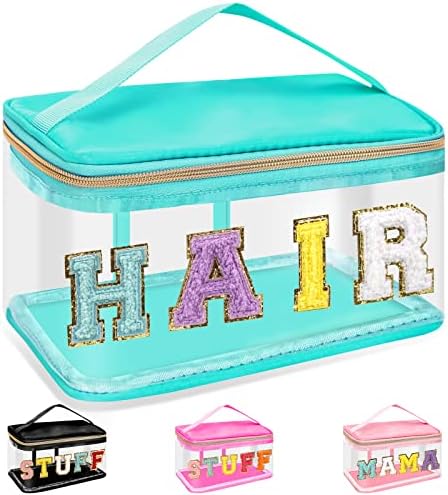 Chenille Letter Clear Makeup Bags Hair Pouch, Preppy Patch Makeup Bag Zipper with Handle, Transparent PVC & Nylon Waterproof Glitter Cosmetic Handbag Travel Toiletry Storage for Women Girl(HAIR-Green) by izuzta
