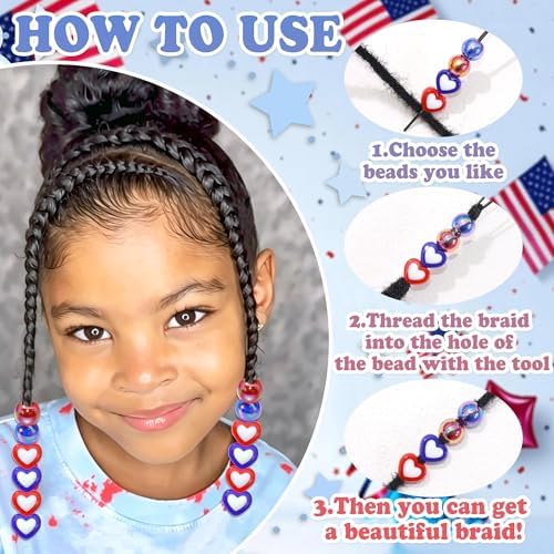 NAISKA 132PCS 4th of July Hair Beads Royal Blue Red Beads for Hair Patriotic Bead Sets 10 Styles Loc Pony Bead Independence Day Hair Accessories for Kids Girls - Image 5