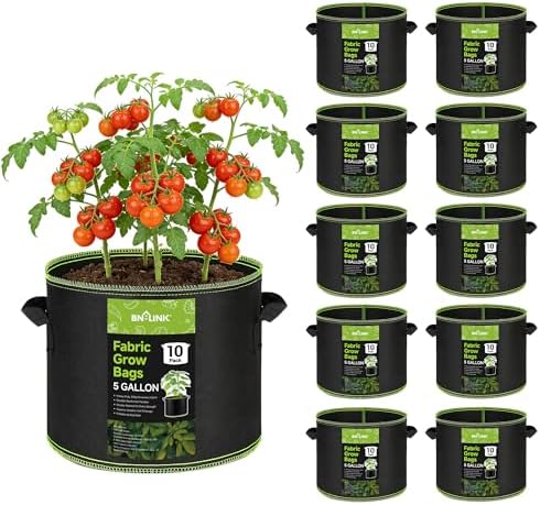 BN-LINK 10-Pack 5 Gallon Grow Bags, Heavy Duty Aeration Fabric Pots with Handles, Thickened Nonwoven Plant Bags for Vegetables, Flowers, Fruits by BN-LINK