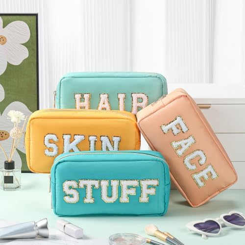 Remerry 4 Pcs Nylon Makeup Bags Waterproof Spacious Travel Cosmetic Bag for Women Chenille Letter Preppy Zipper Pouch Face Stuff Skin Hair Organizer Gift(Blue, Pink, Apricot, Purple) - Image 3