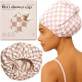 Kitsch Luxury Satin-Lined Flexi Shower Cap for Women - Terracotta Checker by Kitsch