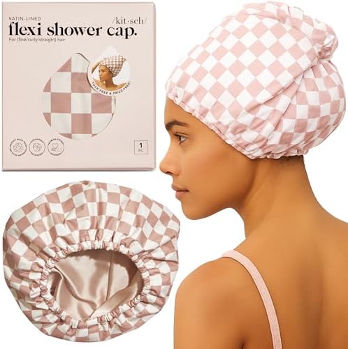 Kitsch Luxury Satin-Lined Flexi Shower Cap for Women - Terracotta Checker by Kitsch