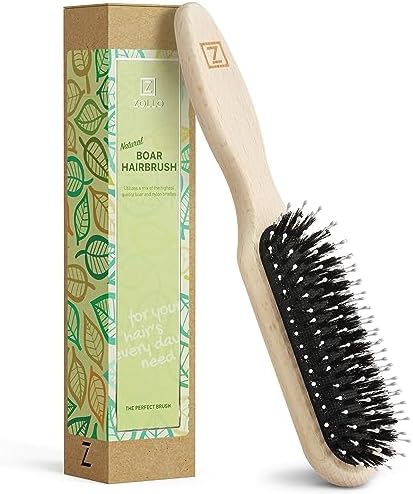 Natural Boar Bristle Hair Brush for Women, Men, Kids; Dry and Wet Detangling Hair Brush Gently Enhances Shine, Smooths Frizz and Prevents Breakage in Fine and Straight, Thick and Curly Hair (long) by Zollo