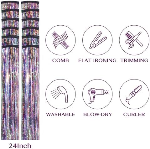 IDN BEAUTY Hair Tinsel Clip In Rainbow Sparkle Hair Extensions 24 Inch 12pcs - Image 2