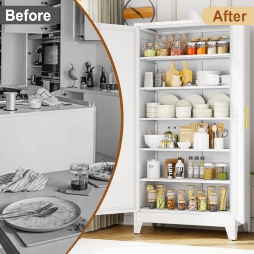 79" White Metal Storage Cabinet with 2 Doors and 5 Adjustable Shelves,Steel Garage Tool Cabinet, File Cabinet,Kitchen Pantry Cabinet for Home,Office,Garage,School,Warehouse - Image 7