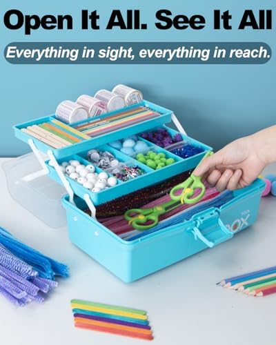 TERGOO 12in 3-Layer Plastic Craft Organizers and Storage, Portable Folding Tackle Box with Handle & Adjustable Dividers, Multipurpose Case for Sewing, Art Supplies, Medicine, Tools (Blue) - Image 5