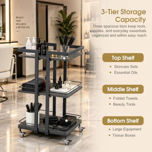 BarberPub 3-Tier Metal Rolling Salon Trolley Cart on Wheels, Grey 2033 - Image 4