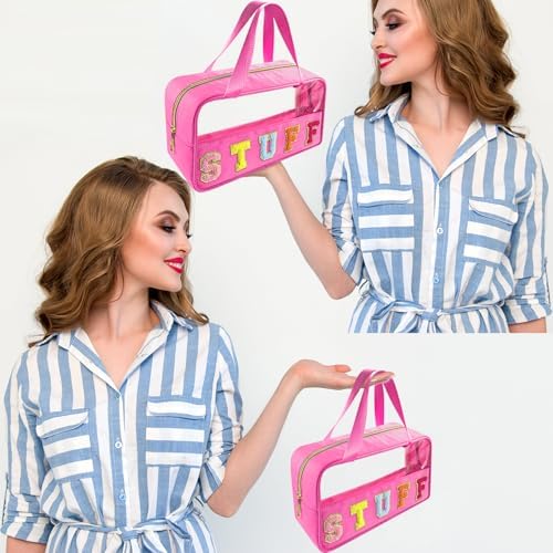 Bunliuys Chenille Letter Clear Makeup Bag Stuff Patch, Travel Toiletry Makeup Bag with Handle, Nylon Waterproof Makeup Bags clear cosmetic bag, preppy patch makeup bag for Women (STUFF-Hot Pink) - Image 6