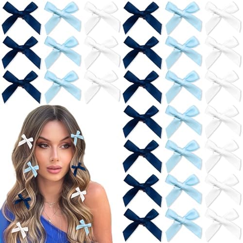30PCS Bow Hair Clips Blue Satin Small Hair Bows Non Slip Hair Ribbon Coquette Hair Bows for Women Girls by YAEISM