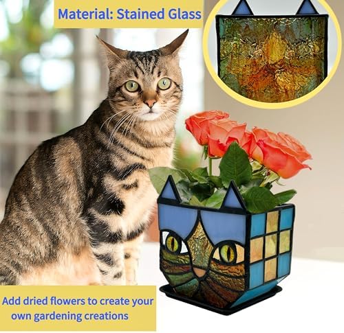Tiffany Style Stained Glass Cat Flower Pots with Drainage,Funny Blue Cat Planter,Cute Garden Pots,Flower Pots for Indoor Plants,Gifts for Plant Lovers,4.6x3x5.15 in - Image 2