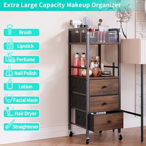 HapiRm Rolling Makeup Cart Organizer - Floor Skincare Make Up Storage with 3 Non-woven Fabric Drawers, Vanity Organizer Cosmetic Display Cases Holder for Skin Care Perfume Nail Polish Brush Hair Tool - Image 5