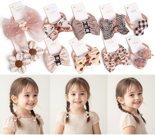 10 pairs Hair Ties With Bows 1.2 Inch Small, Ponytail Holders Pigtails Elastic Bands Hair Accessories For [Toddler] Kids [Baby] [Girl]s (Set-E) by BIANHUAN