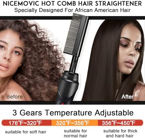 NICEMOVIC Ceramic Heating Hair Straightener Comb - Hot Pressing Brush for Natural Black Hair, Beard Wigs, and Curling (Black) - Image 3