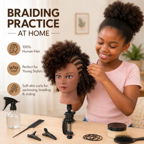 MORRIS 10 Inch Human Hair Mannequin Head, Kinky Curly, with Clamp Stand - Image 5