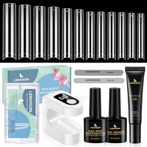 LIONVISON Nail Tips Square Set: 504PCS XXXL No C Curve Straight Tapered Square Nail Tips Extra Long Clear Nail Tips with Nail Extension Glue Gel Prep Dehydrator Primer File UV Curing Lamp for Home DIY by WelcometovisitLIONVISON