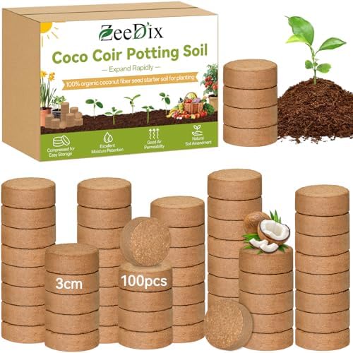 ZeeDix 100 Pack 30mm Organic Coco Coir Pellets Seed Starter Soil by ZeeDix