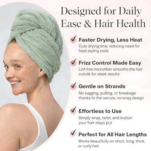Luxury Microfiber Hair Towel Wrap for Women - Quick Dry, Super Absorbent Hair Turban, Soft & Lightweight Anti-Frizz Towel for Long, Thick & Curly Hair (Sage Green, 48" × 24") - Image 3