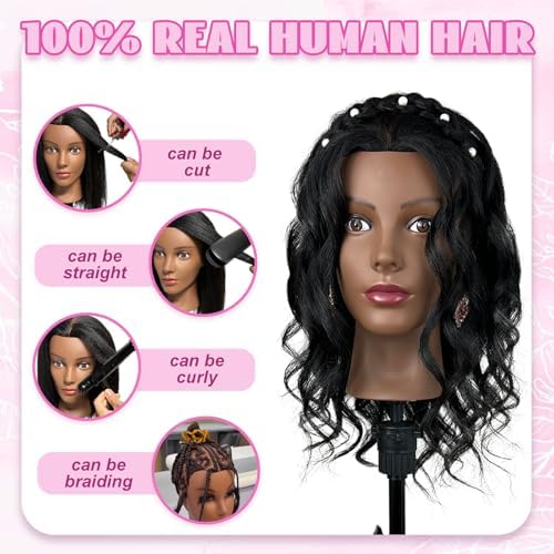 Mannequin Head Human Hair with 100% Real Hair Cosmetology Manikin Doll Head for Hair Styling 18" Mannequin Head for Braiding with Tripod Stand and Tools (Natural Black) - Image 3