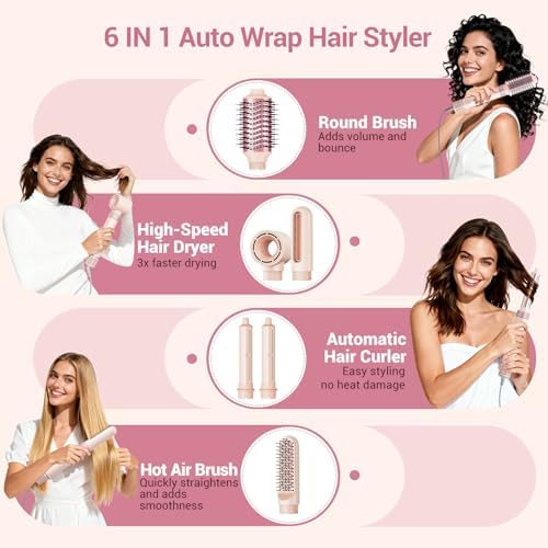 6 in 1 Air Hair Styler, 1400W High Speed Ionic Hair Dryer with Wrap Curlers, Blow Dryer Brush & Frizz-Free Hot Air Brush, No Heat Damage Hair Tools for Fast Drying, Curling, Smoothing & Volume - Image 2