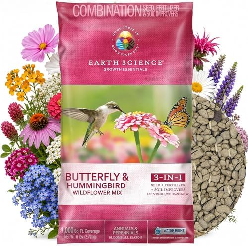 Earth Science Wildflower Butterfly & Hummingbird Mix—6 lb— 3-in-1 Premium Wildflower Seed, Plant Food and Soil Conditioners, Non-GMO for Bees, Hummingbirds, Butterflies, Pollinators by EarthScience