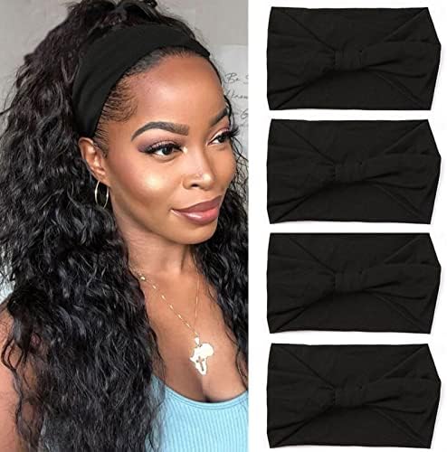 XTREND 4 Packs Wide Headbands Fashion Bandana Bohemian Style Elastic Knotted Non-Slip Headband Black Women Outdoor Sports Yoga Sweat Absorbent Solid Color Hair Accessories (Black Series) by XTREND
