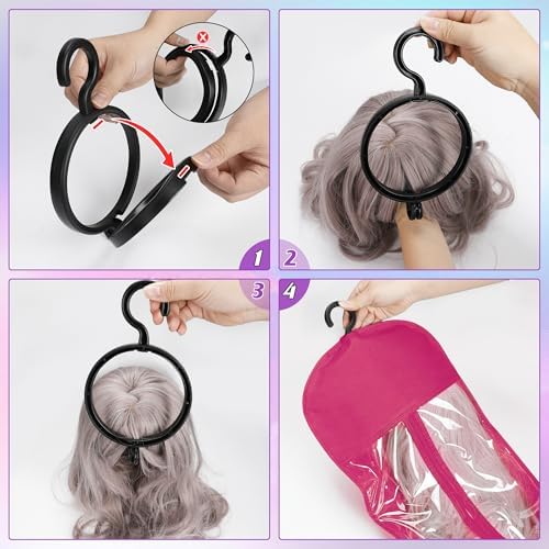 KOLLIEE 6 Pcs Wig Bags Storage with Wig Hanger Dust-proof for Multiple Wigs Hanging Storage Bags Organizer Foldable Easy Carry Suitable for Home Travel Hair Salon Rose - Image 3