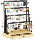 Earring Holder Organizer, 4-Tier Metal Jewelry Display Stand with Wooden Drawer, Large Earring Organizer for Studs, Hoops, and Dangles, Modern Earring Storage Rack for Vanity or Dresser by TIPSYTREE