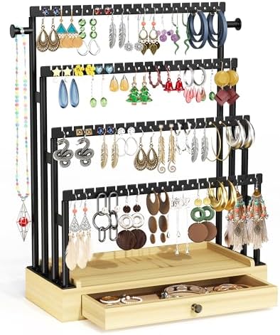 Earring Holder Organizer, 4-Tier Metal Jewelry Display Stand with Wooden Drawer, Large Earring Organizer for Studs, Hoops, and Dangles, Modern Earring Storage Rack for Vanity or Dresser by TIPSYTREE