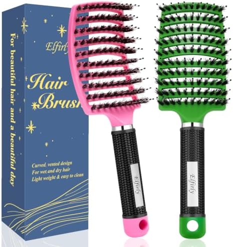 Boar Bristle Hair Brush, Detangler for Women Men, Wet & Dry Hair by Elfirly