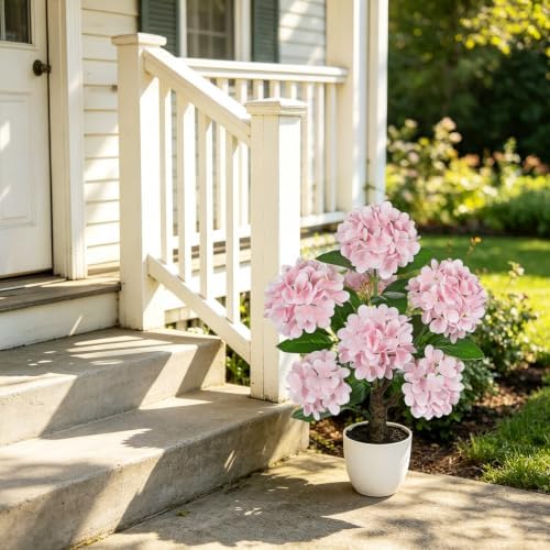 2FT Pink Hydrangea Artificial Flowers Tree Large Real Touch Faux Silk Hydrangea Plants Potted Fake Flower in White Pot for Home Indoor Outdoor Front Porch Garden Entrance Living Room Decor - Image 7