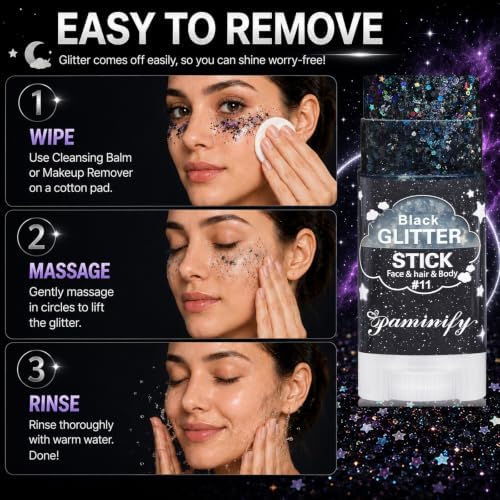 Black Face Glitter Stick,Halloween Black Holographic Body Hair Glitter,Waterproof Singer Concert Outfits for Women, Chunky Glitter Makeup Sequins Body Paint for Parties,Festival - Image 6