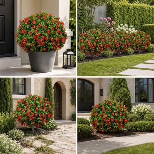 25.6'' Artificial Boxwood Topiary Plants with Red Flowers, 2 Set with Spike - Image 6