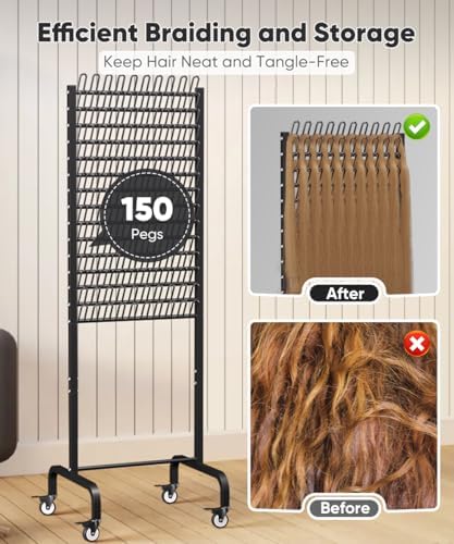 150 Pegs Braiding Hair Rack, Adjustable Hair Separator Stand with Wheels, Hair Extension Holder for Hair Stylists, Braiders, Home, Salon, Beauty School, Black - Image 3
