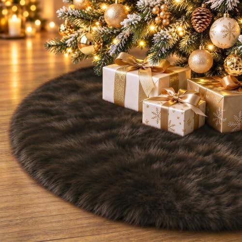 59 Inch Coffee Christmas Tree Skirt, Faux Wool Tree Base Cover by Unknown